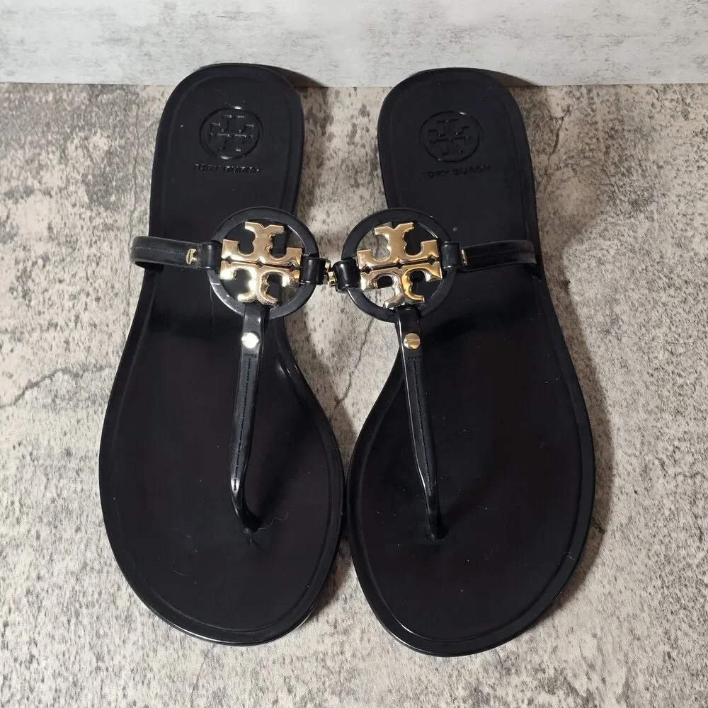 Tory Burch Black Jelly Miller Thong Sandals with Gold Logo